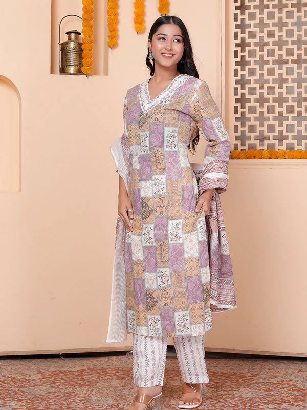 Miramaar Women's Printed Cotton V-Neck Straight Kurta Set with Dupatta