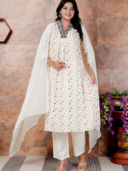Miramaar Women's Off White Printed Cotton Straight Kurta Pant with Dupatta