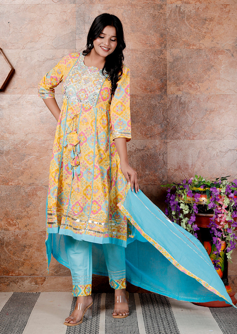 Miramaar Women's Yellow & Blue Cotton Anarkali Embroidered Kurta Pant with Dupatta