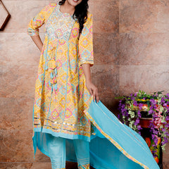 Miramaar Women's Yellow & Blue Cotton Anarkali Embroidered Kurta Pant with Dupatta