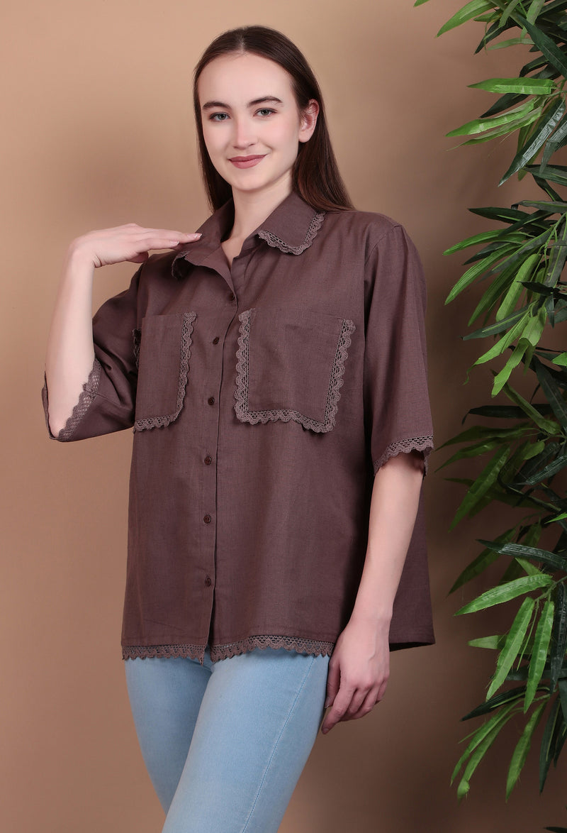 Miramaar Women's Cotton Flex Spread Collar Brown Solid Lace Work Top