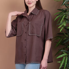 Miramaar Women's Cotton Flex Spread Collar Brown Solid Lace Work Top