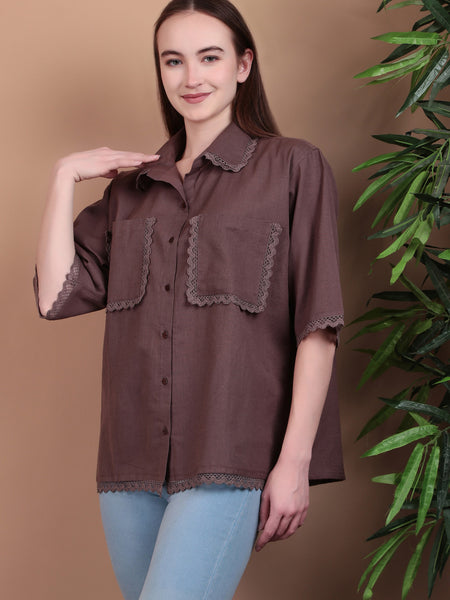 Miramaar Women's Cotton Flex Spread Collar Brown Solid Lace Work Top