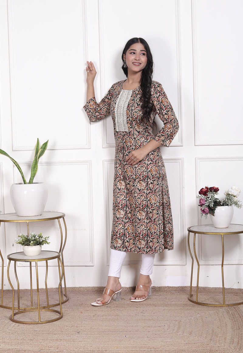 Miramaar Women's Green Lace Work Round Neck Straight Rayon Kurti