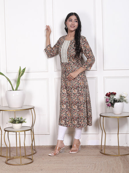 Miramaar Women's Green Lace Work Round Neck Straight Rayon Kurti