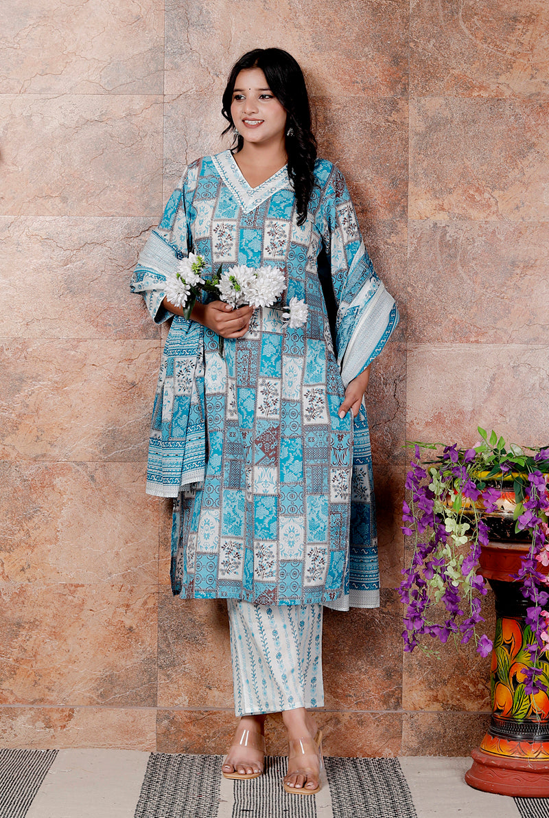 Miramaar Women's Blue Cotton Adda Work Straight Kurta Dupatta Set