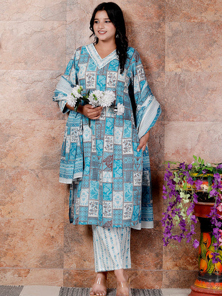 Miramaar Women's Blue Cotton Adda Work Straight Kurta Dupatta Set