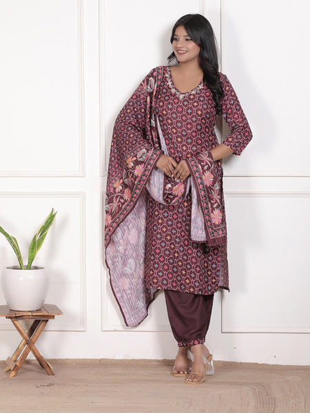 Miramaar Women's Maroon Muslin Adda Work Straight Kurta Set with Dupatta