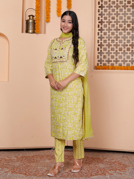 Miramaar Women's Lime Green Rayon Straight Kurta Set with Dupatta