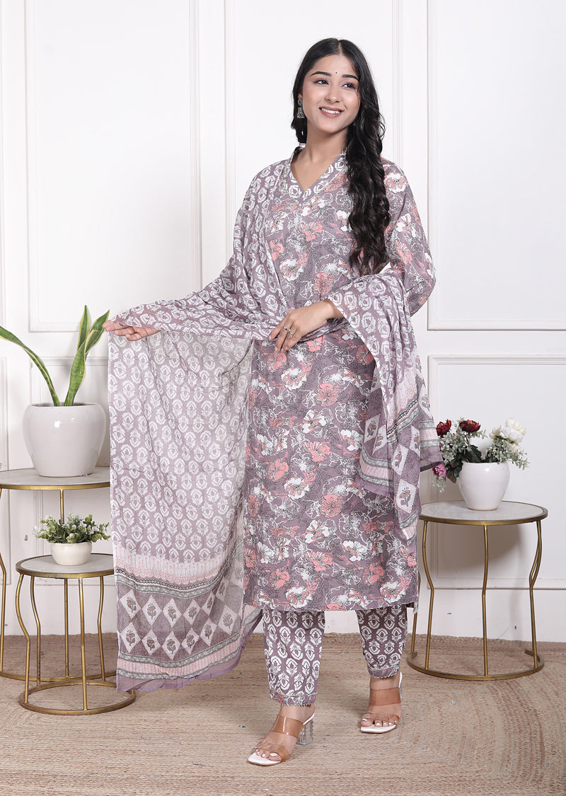 Miramaar Women's Brown Printed Cotton V-Neck Straight Kurta Pant with Dupatta