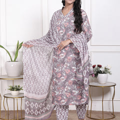 Miramaar Women's Brown Printed Cotton V-Neck Straight Kurta Pant with Dupatta