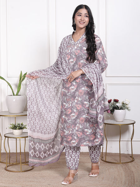 Miramaar Women's Brown Printed Cotton V-Neck Straight Kurta Pant with Dupatta