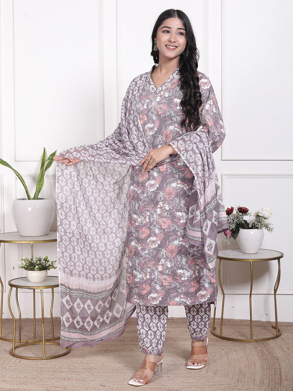 Miramaar Women's Red Cotton Straight V-Neck Kurta Set with Dupatta