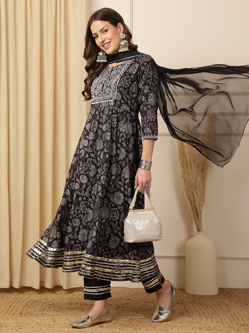 Miramaar Women's Black Foil Printed Rayon Embroidered Anarkali Kurti