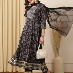 Miramaar Women's Black Foil Printed Rayon Embroidered Anarkali Kurti