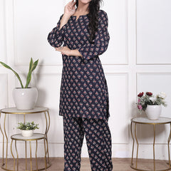Miramaar Women's Navy Blue Printed Rayon Coord Set
