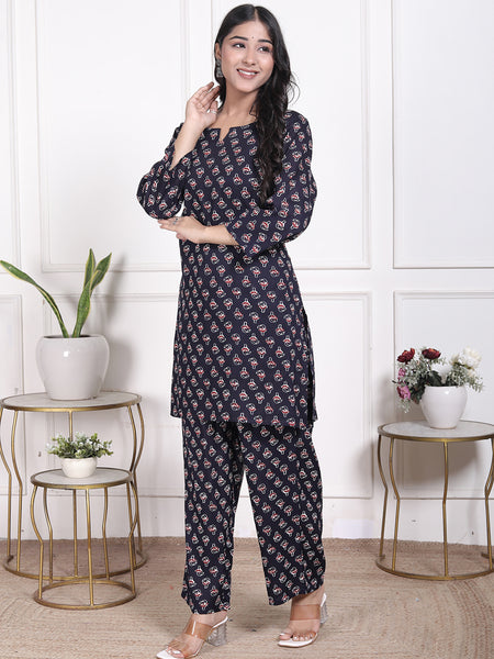 Miramaar Women's Navy Blue Printed Rayon Coord Set