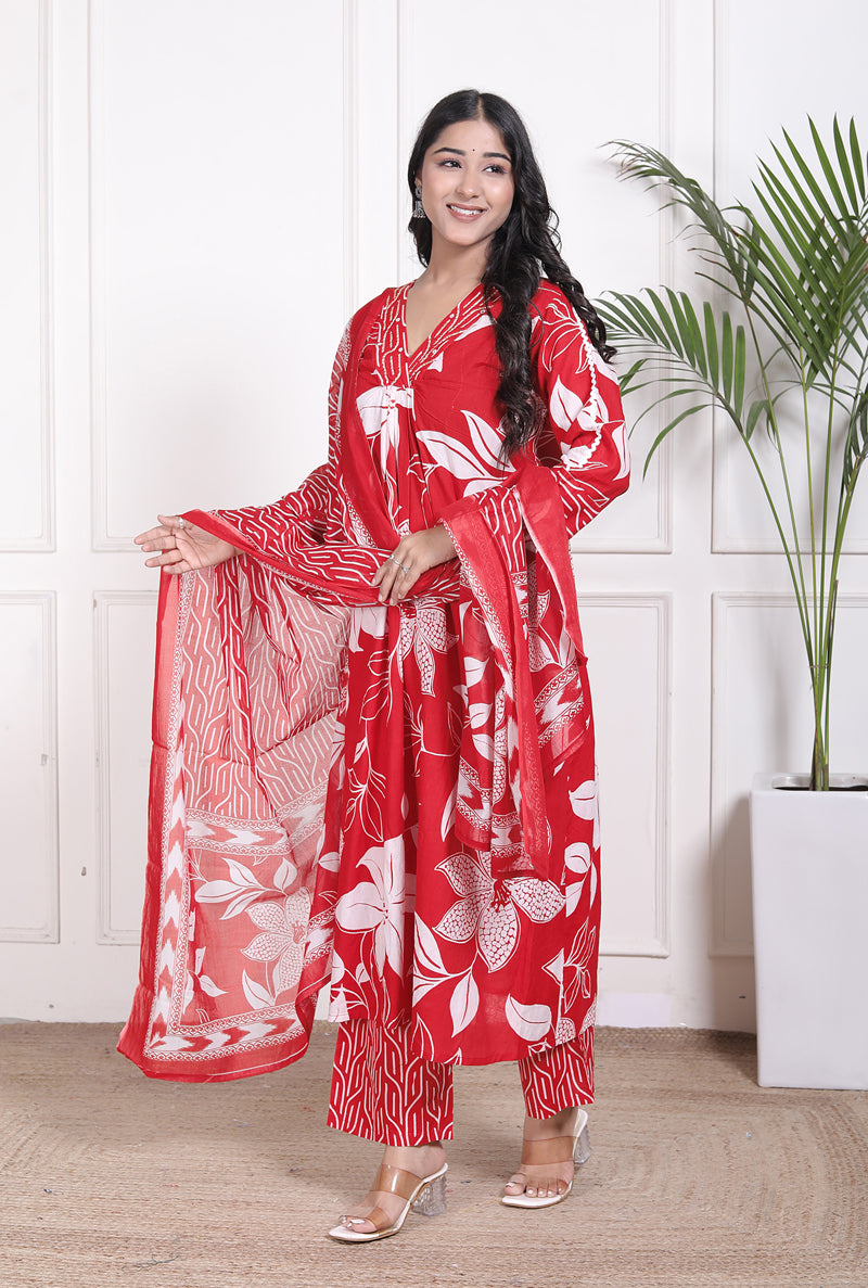 Miramaar Women's Red Printed A-line Cotton Adda Work Kurta Set with Dupatta