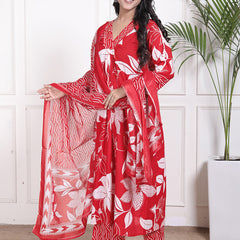 Miramaar Women's Red Printed A-line Cotton Adda Work Kurta Set with Dupatta