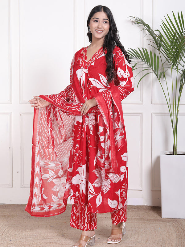 Miramaar Women's Red Printed A-line Cotton Adda Work Kurta Set with Dupatta
