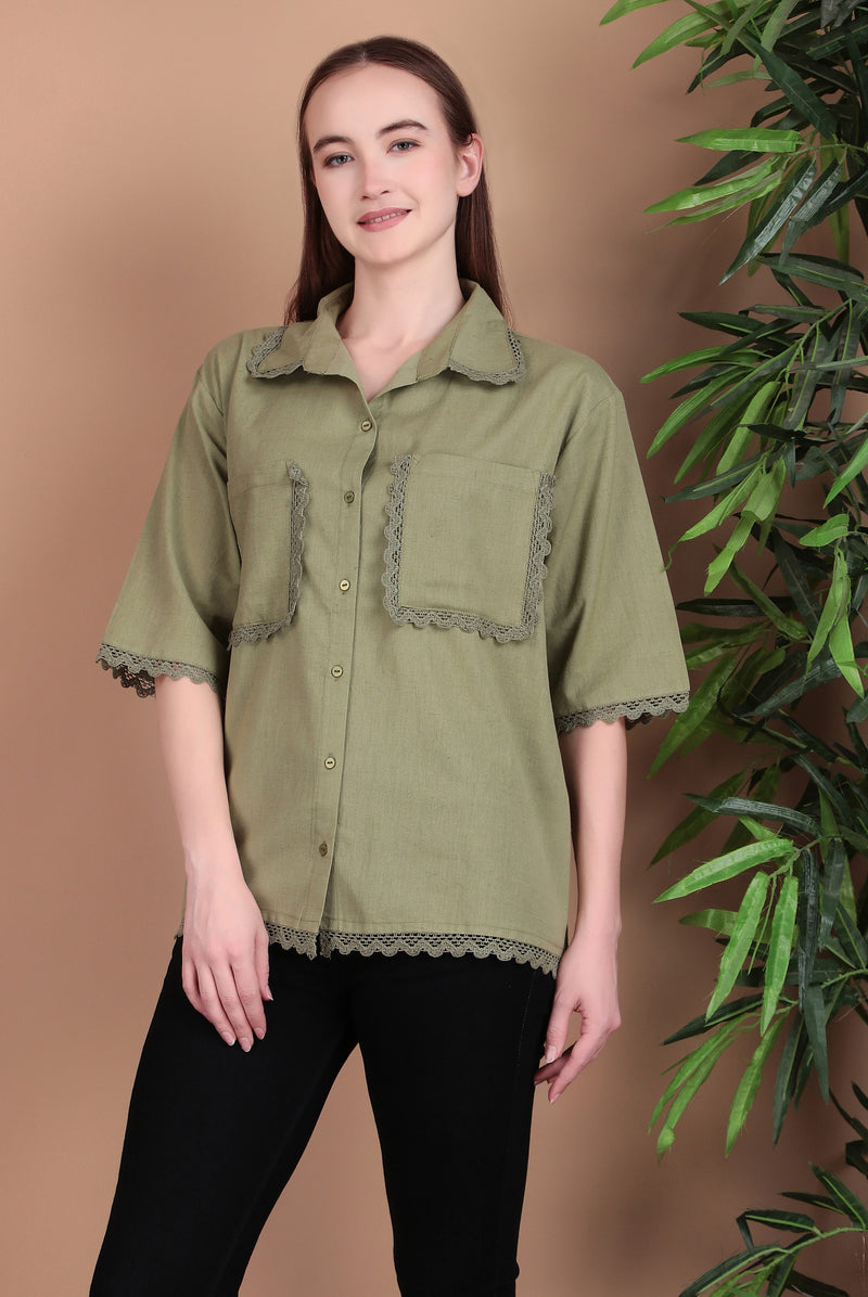 Miramaar Women's Cotton Flex Spread Collar Olive Green Solid Lace Work Top