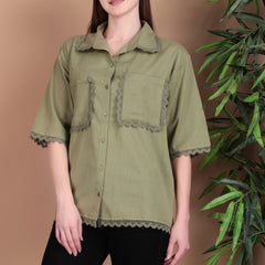 Miramaar Women's Cotton Flex Spread Collar Olive Green Solid Lace Work Top