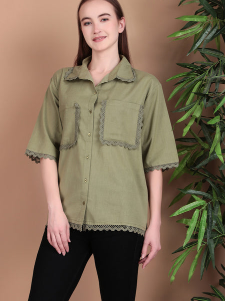 Miramaar Women's Cotton Flex Spread Collar Olive Green Solid Lace Work Top