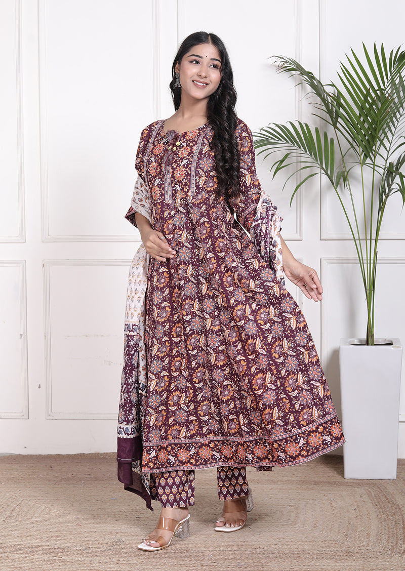 Miramaar Women's Purple Cotton Anarkali Adda Work Kurta Set