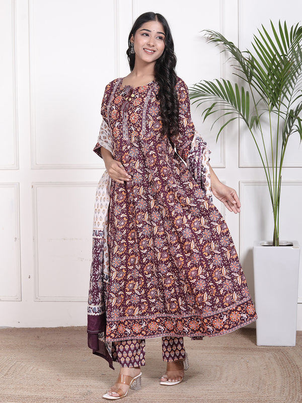 Miramaar Women's Purple Cotton Anarkali Adda Work Kurta Set