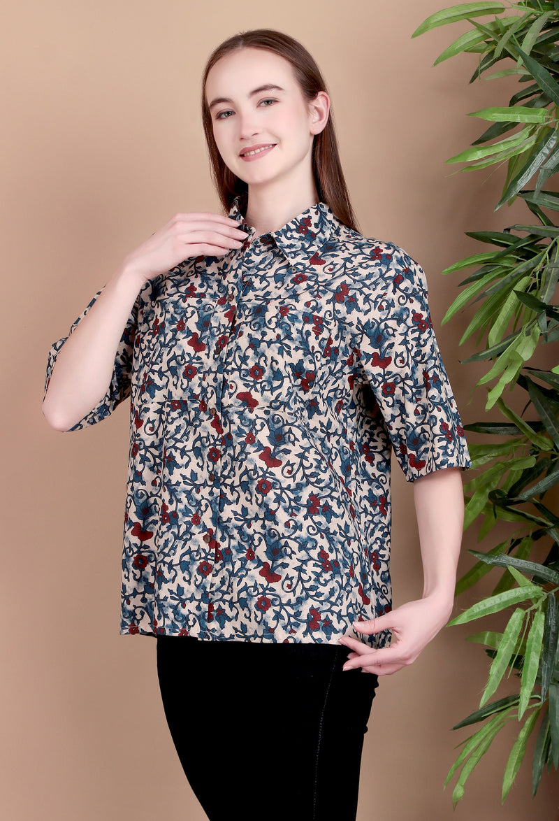 Miramaar Women's Cotton Spread Collar Blue Printed Top