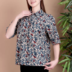 Miramaar Women's Cotton Spread Collar Blue Printed Top