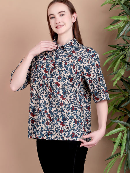 Miramaar Women's Cotton Spread Collar Blue Printed Top