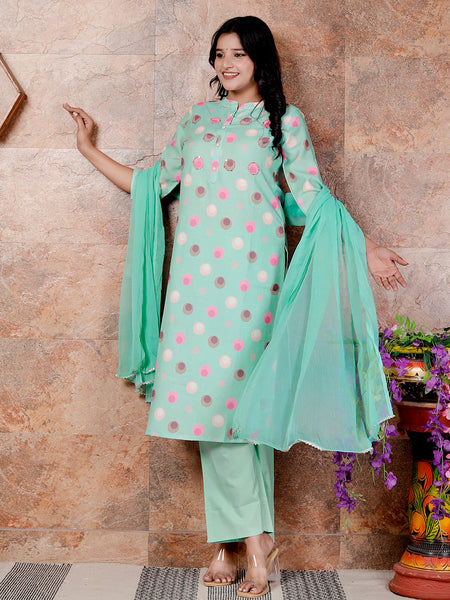 Miramaar Women's Green Poly Linen Straight Adda Work Kurta Set with Dupatta