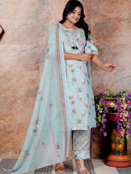 Miramaar Women's Green V-Neck Straight Linen Kurta Set with Dupataa