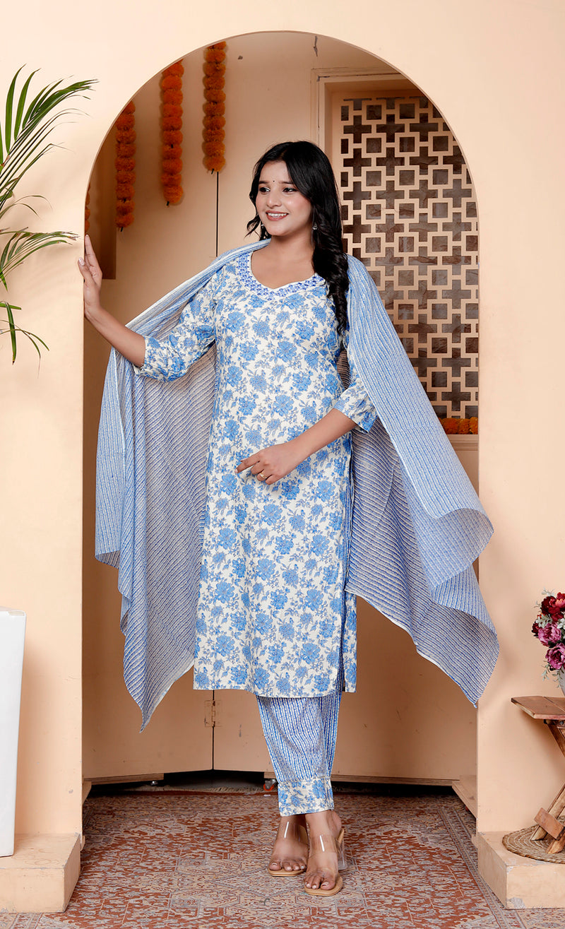 Miramaar Women's Beige & Blue Embroidered Kurta Pant with Dupatta