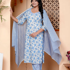 Miramaar Women's Beige & Blue Embroidered Kurta Pant with Dupatta