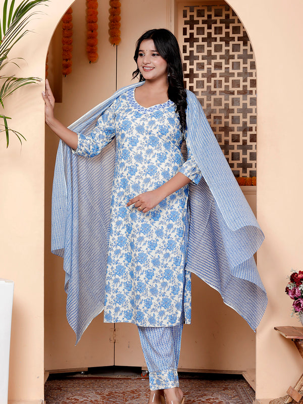 Miramaar Women's Beige & Blue Embroidered Kurta Pant with Dupatta