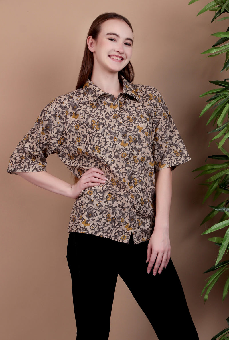Miramaar Women's Cotton Spread Collar Brown Printed Top