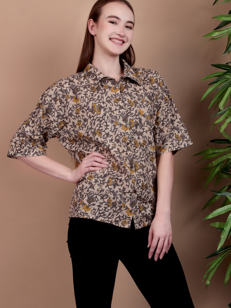 Miramaar Women's Cotton Spread Collar Brown Printed Top