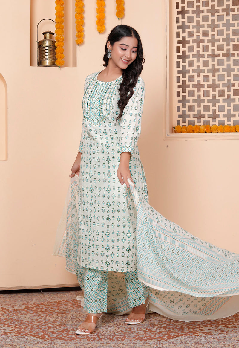 Miramaar Women's White & Green Round Neck Embroidered Straight Kurta Pant with Dupatta