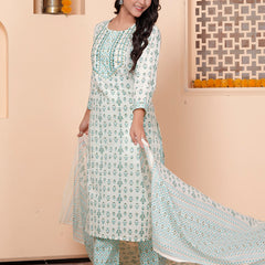 Miramaar Women's White & Green Round Neck Embroidered Straight Kurta Pant with Dupatta