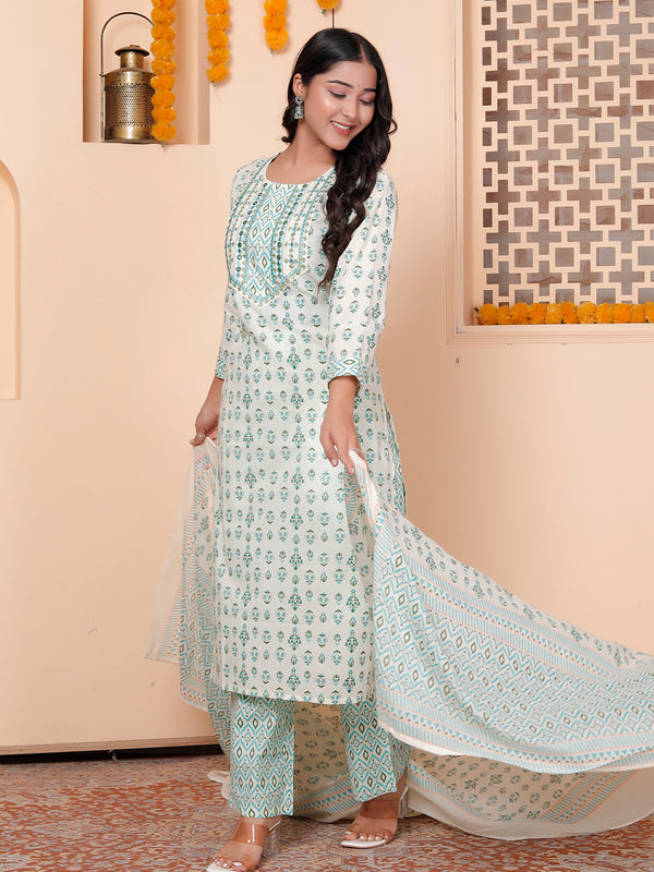 Miramaar Women's White & Green Round Neck Embroidered Straight Kurta Pant with Dupatta