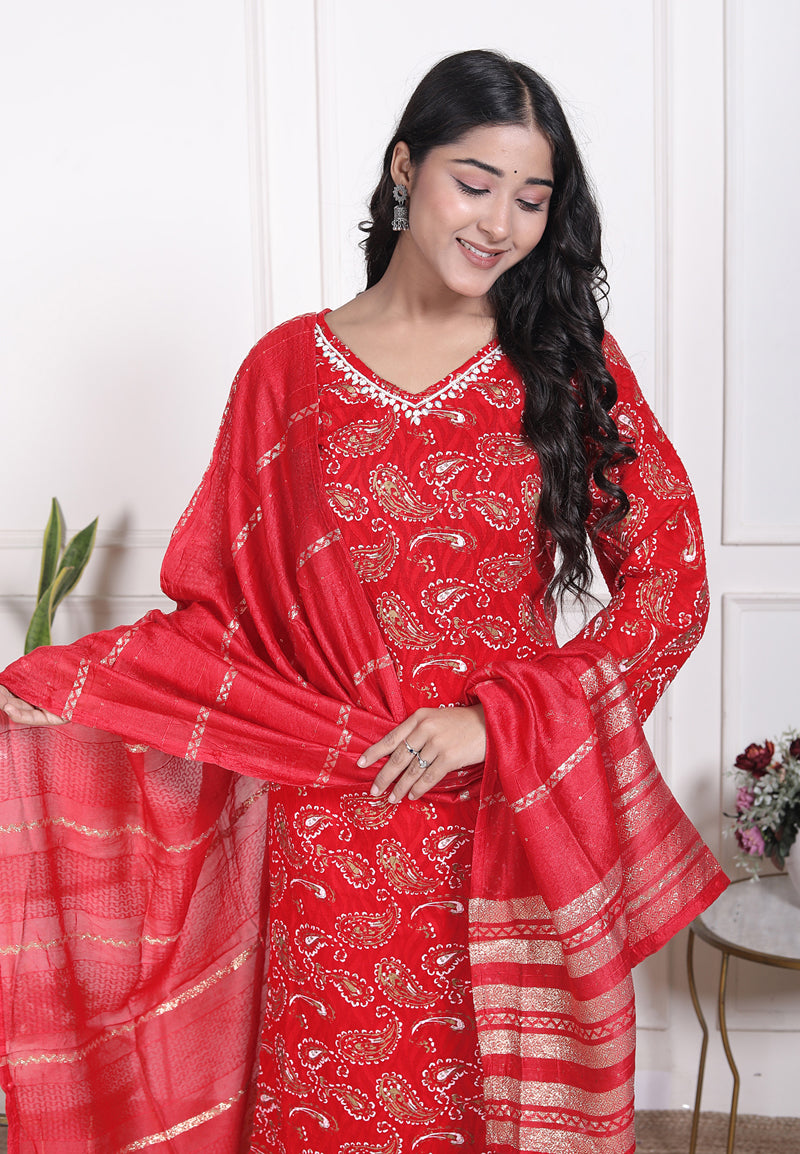 Miramaar Women's Brown Printed Cotton V-Neck Straight Kurta Pant with Dupatta