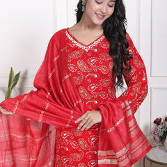 Miramaar Women's Brown Printed Cotton V-Neck Straight Kurta Pant with Dupatta