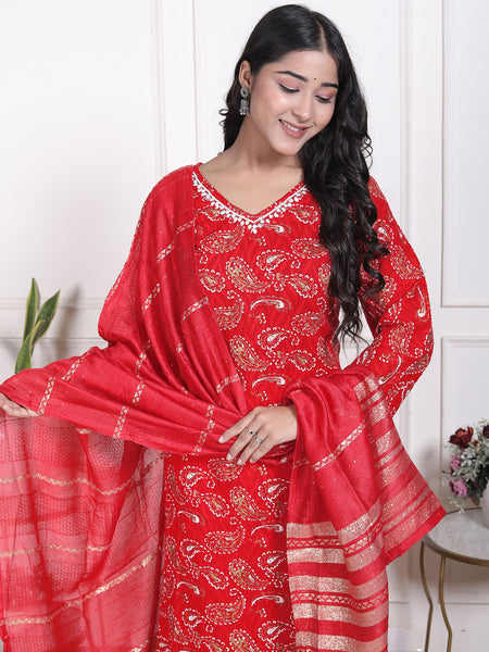 Miramaar Women's Red Cotton Straight V-Neck Kurta Set with Dupatta