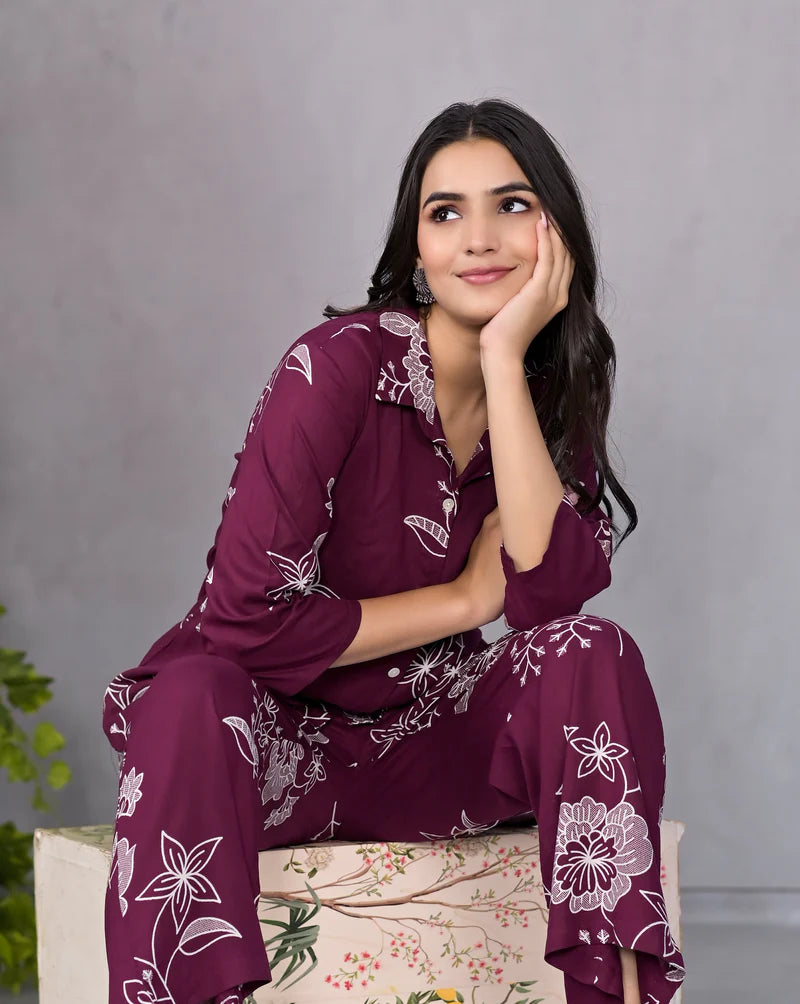 Miramaar Maroon Floral Printed Shirt & Pant Co-ord Set