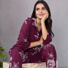 Miramaar Maroon Floral Printed Shirt & Pant Co-ord Set