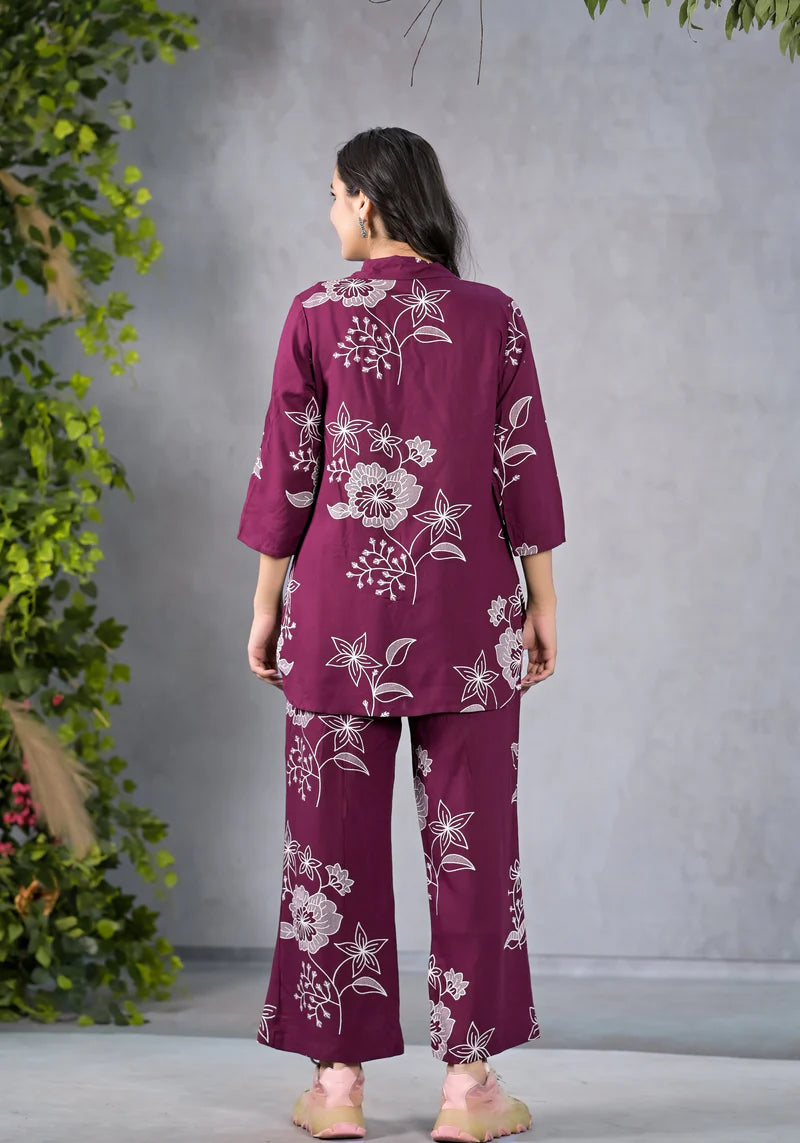 Miramaar Maroon Floral Printed Shirt & Pant Co-ord Set