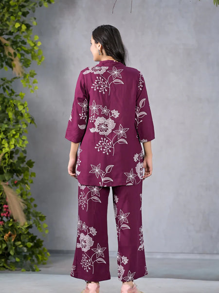 Miramaar Maroon Floral Printed Shirt & Pant Co-ord Set