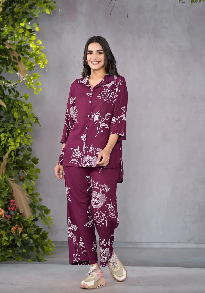 Miramaar Maroon Floral Printed Shirt & Pant Co-ord Set